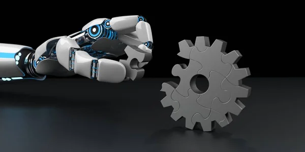 Robot Hand Assembleert Gear Wheel Van Puzzelstukjes Illustratie — Stockfoto