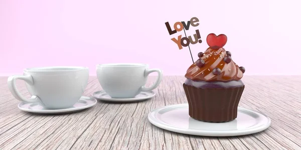 Cupcake Heart Text Love You Two Coffee Cups — Stock Photo, Image