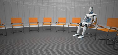 A humanoid robot sits in a futuristic room during a therapy session. 3d illustration. clipart