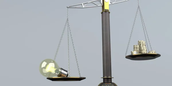 Stråla Balanserar Med Glödlampa Och Pengar Mynt Illustration — Stockfoto