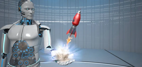 Robô iniciando foguete — Fotografia de Stock