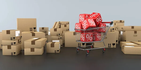 Shopping Cart Discount Shipping Cartons — Stock Photo, Image