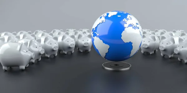 White Piggy Banks Blue Globe — Stock Photo, Image