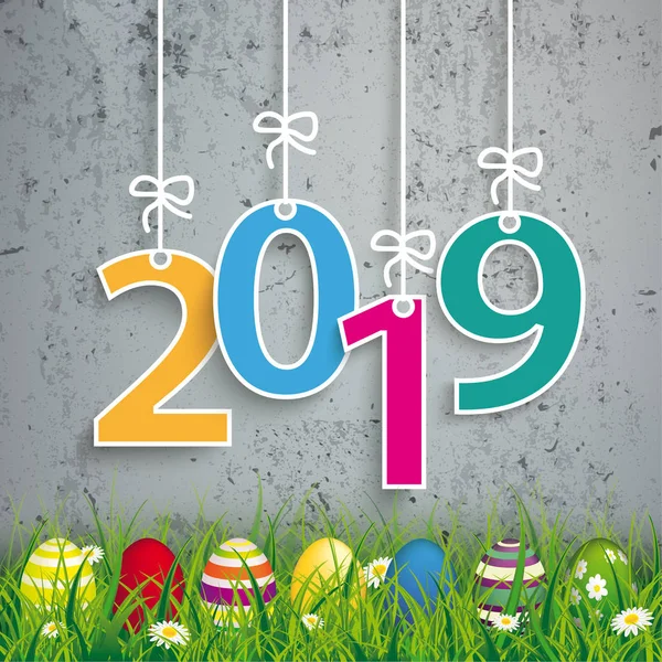 Colored Easter Eggs Grass 2019 Concrete — Stock Vector