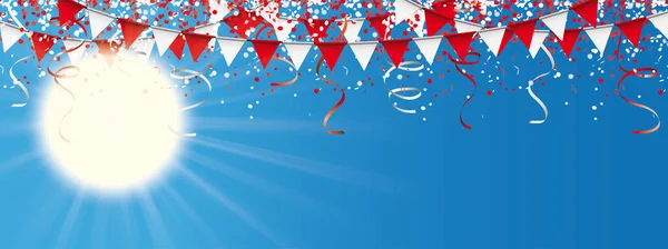 Bleu ciel soleil rouge blanc rubans confettis en-tête — Image vectorielle