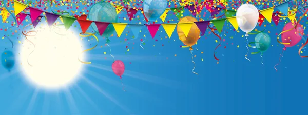 Blue Sky Sun colores Confetti globos cintas guirnaldas Header — Vector de stock