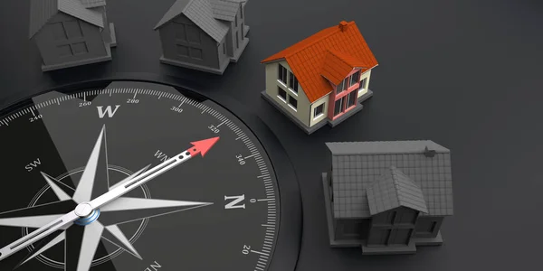 Schwarzer Kompass Mit Hausgebäuden Auf Schwarzem Hintergrund Illustration — Stockfoto