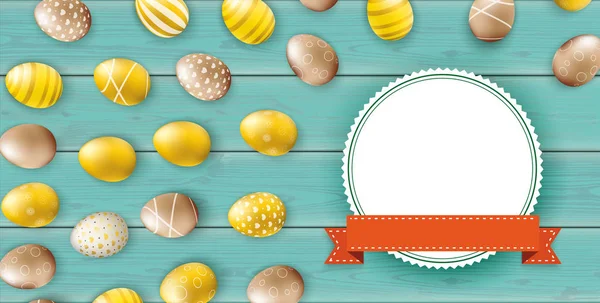Golden Easter Eggs Paper Emblem Orange Ribbon Wooden Background Eps — Stock Vector