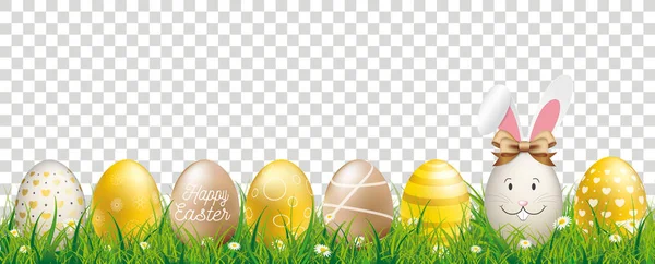 Złote Jajka Wielkanocne Trawie Zająca Uszy Zaznaczone Tło Eps Plik — Wektor stockowy