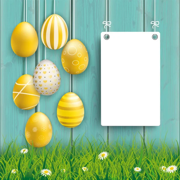 Hanging Golden Easter Eggs Board Wooden Background Eps Vector File — Stock Vector