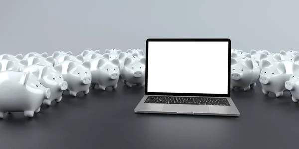 Witte Piggy Banken Met Een Notebook Donkere Achtergrond Illustratie — Stockfoto