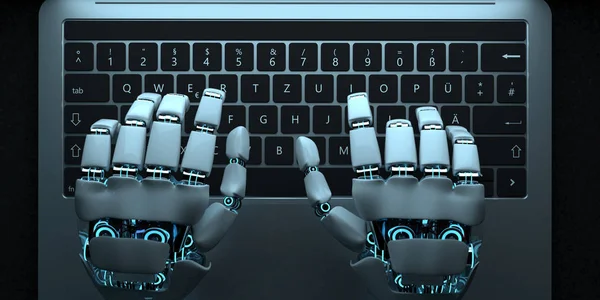 İnsansı robot eller Notebook Typing — Stok fotoğraf