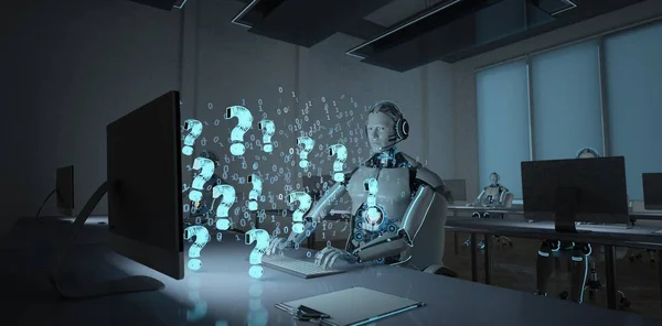 Гуманоидный Робот Колл Центре Вопросами Перед Монитором Иллюстрация — стоковое фото