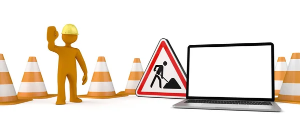 White Manikin Notebook Roadworks Sign Wooden Table — Stock Photo, Image