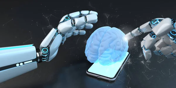 Mano de robot humanoide Smarthone Cerebro humano —  Fotos de Stock