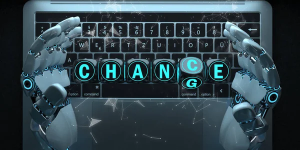 Humanoide Roboterhände mit Notizbuch und Text verändern die Chance. 3D-Illustration. — Stockbild Notizbuch-Roboter übergibt Zufallsänderung — Stockfoto