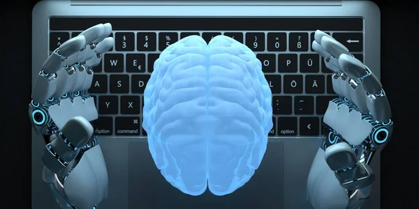 Humanoide Roboterhand menschliches Gehirn Notizbuch — Stockfoto
