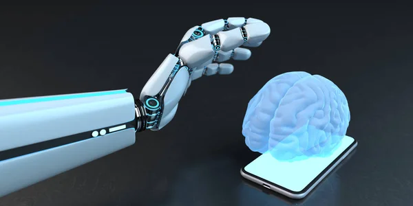 Humanoide Roboterhand smarthone menschliches Gehirn — Stockfoto