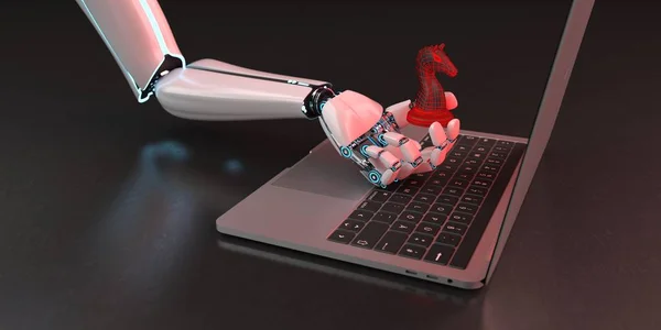 Roboterhand mit trojanischem Pferd und Notizbuch auf dunklem Hintergrund. 3D-Illustration. — Stockbild Roboter Hand Trojanisches Pferd Notizbuch — Stockfoto