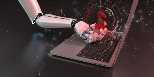 Roboterhand mit trojanischem Pferd und Notizbuch auf dunklem Hintergrund. 3D-Illustration. — Stockbild Roboter Hand Trojanisches Pferd Notizbuch — Stockfoto