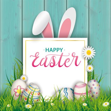 Paper Board Happy Easter Eggs Hare Ears Cyan Wood clipart