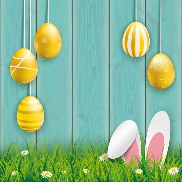 Hanging Golden Easter Eggs Hare Ears Cyan Wood — Stock Vector