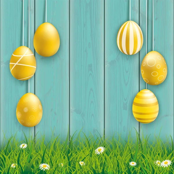 Oeufs de Pâques dorés suspendus Bois de cyan — Image vectorielle