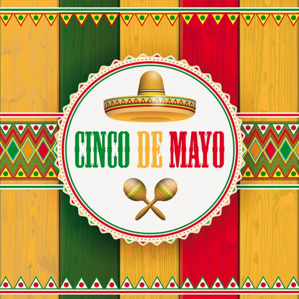 Cinco De Mayo Ornamente din lemn Emblem Sombrero — Vector de stoc