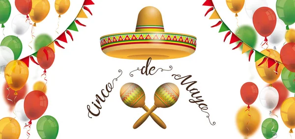 Cinco De Mayo Sombrero Maracas Baloane Chili Buntings — Vector de stoc