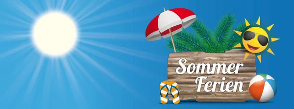 Blauer Himmel Sonne Holz Sonnenschirm Palme Sommerurlaub Banner — Stockvektor