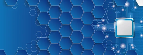 青い六角形構造マイクロチップヘッダー — ストックベクタ
