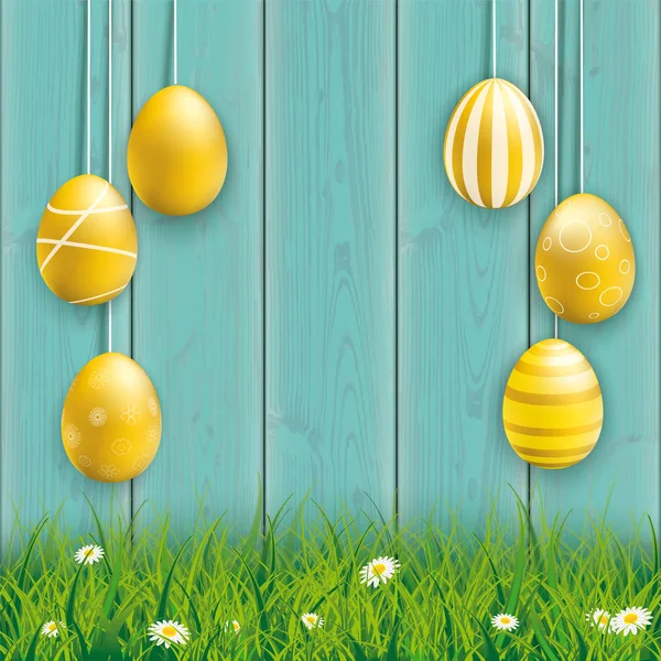 Hanging Golden Easter Eggs Cyan Wood — Stock Vector