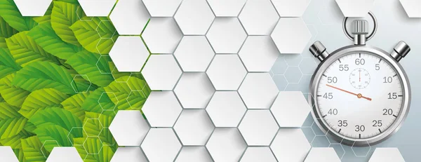 Eco Industry Hexagon Stopwatch Green Leaves Header — Stock Vector