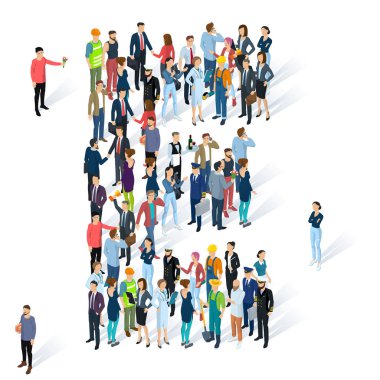 Kalabalık izometrik insanlar yazı 