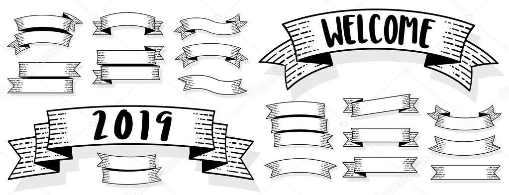 Retro styled vintage engraving ribbons and banners vector design element set.