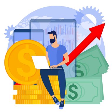 Düz tasarım vektör iş kavramı küre, grafik çalışma dişli, gadgets, altın sikke ve banknot yığınları ile. Para soyut büyüyen yatırımcı.