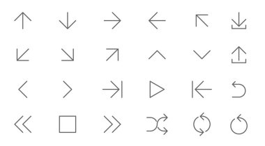 İnce çizgi vektör okları simge seti.