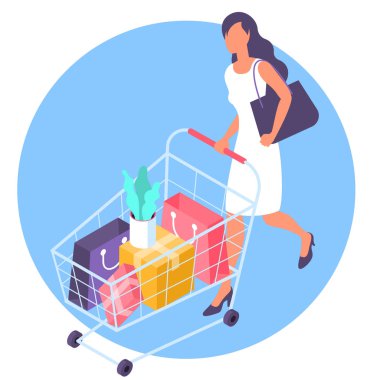 Süpermarket arabası alışveriş adlı genç kadın. 