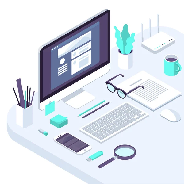 Isometric office workspace concept — Stock Vector