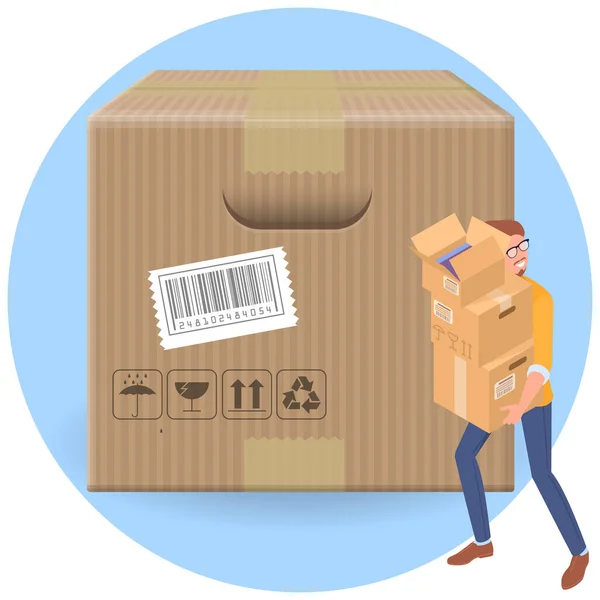 Delivery man met Parcel kartondozen — Stockvector