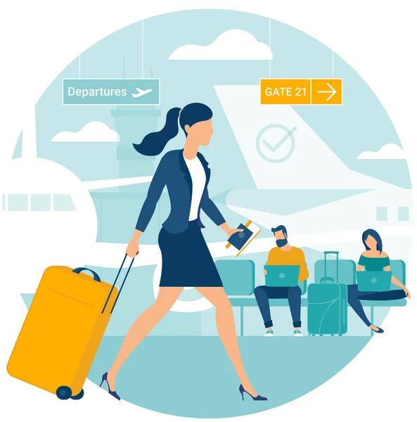 Travellers at airport departure area — Stock Vector