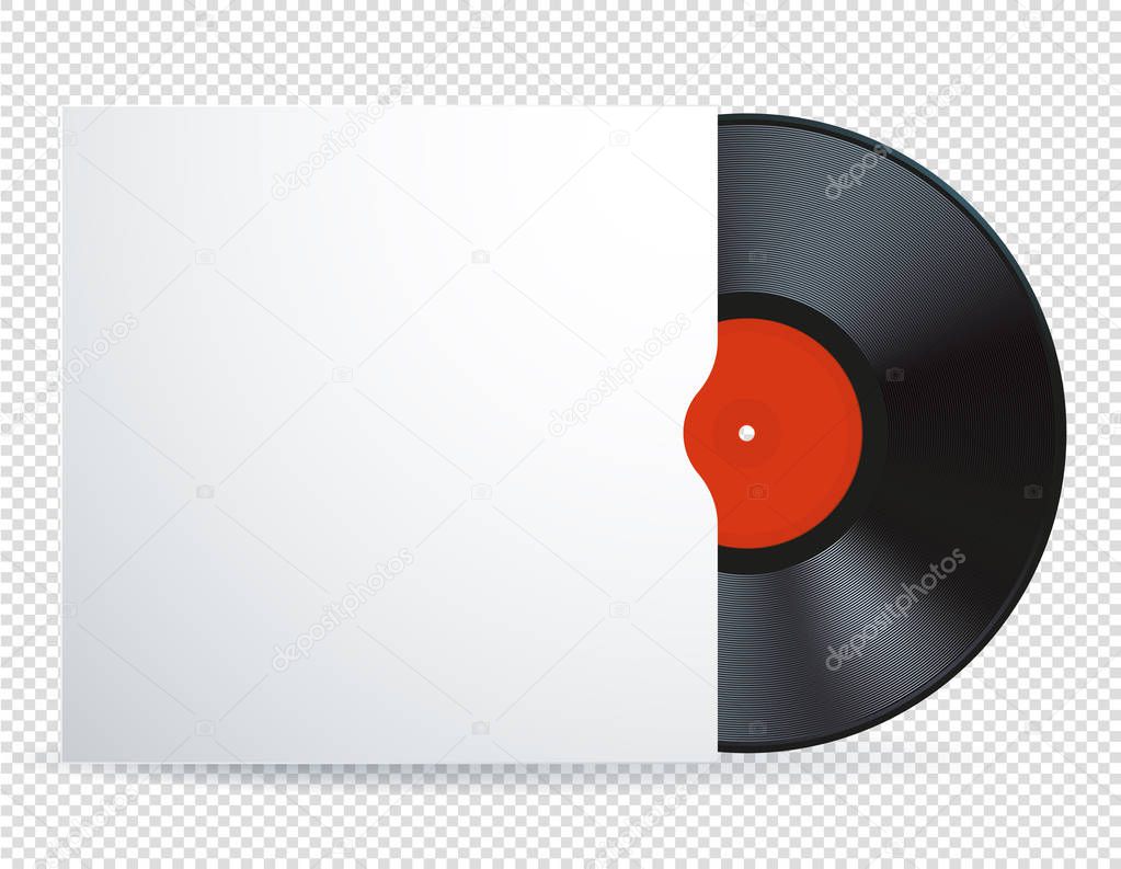 Vector illustration of  music  vinyl record disk with red label. Realistic detaled  image of vintage retro music disk isolated on white transparent background.
