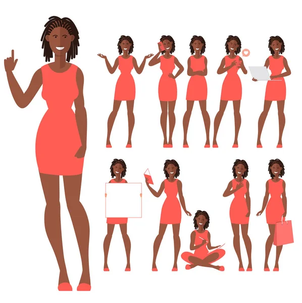 Flache Design-Charaktere einer jungen Afroamerikanerin — Stockvektor