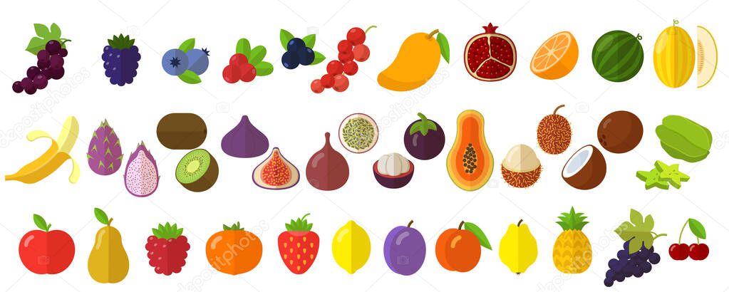 Flat design fresh raw fruits and berries vector icon end design element set