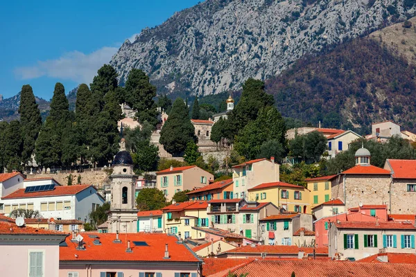 Vista Casas Coloridas Com Telhados Vermelhos Cidade Velha Menton França — Fotografia de Stock