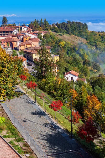 ピエモンテ州イタリア北部 縦構図で背景の小さな村としてカラフルな紅葉の木々 や丘に沿って路地を上から見た図します — ストック写真