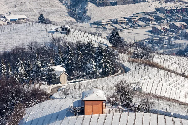 Klein Landelijk Huis Besneeuwde Winter Heuvel Tussen Wijngaarden Piemonte Noord — Stockfoto