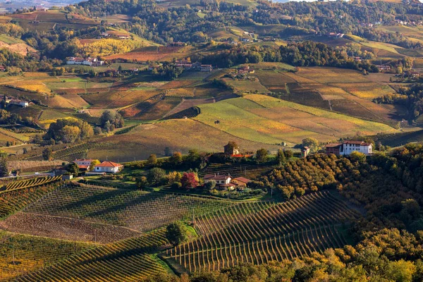 Uitzicht Van Bovenaf Landelijke Huizen Tussen Prachtige Herfstwijngaarden Heuvels Piemonte — Stockfoto