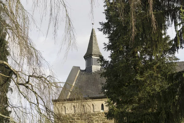 Tårnet Til Den Gamle Kirken Tyskland Omgir Trær – stockfoto