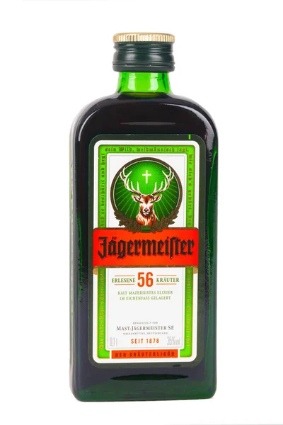 Huettenberg Γερμανία 2018 Μπουκάλι Της Jaegermeister Ποτό Ποτό Απομονωμένα Λευκό — Φωτογραφία Αρχείου